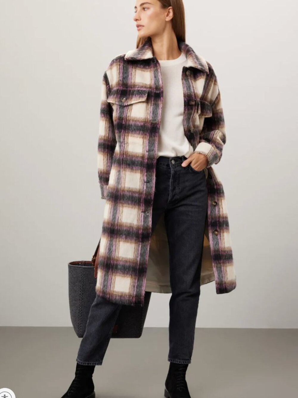 Peter SomWomen's Oversized Plaid Button-Front Shacket Coat - Cream x Pink Sz XL